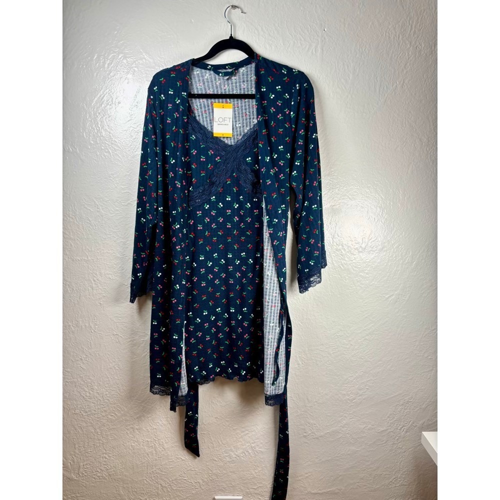 New Sleep Pajama Set Navy Blue Cherry Girl M Lace Trim Robe Chemise Pinup Fruit